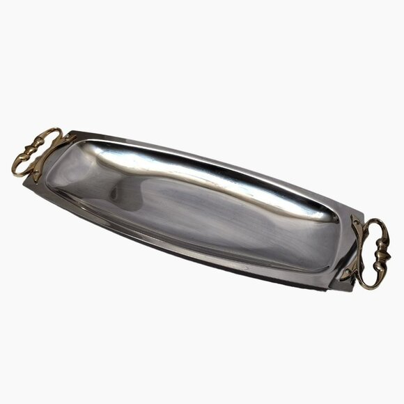 Vintage MCM Kromex Chrome Rectangular Bread Tray With Brass Handles 17" Serving - Picture 1 of 8